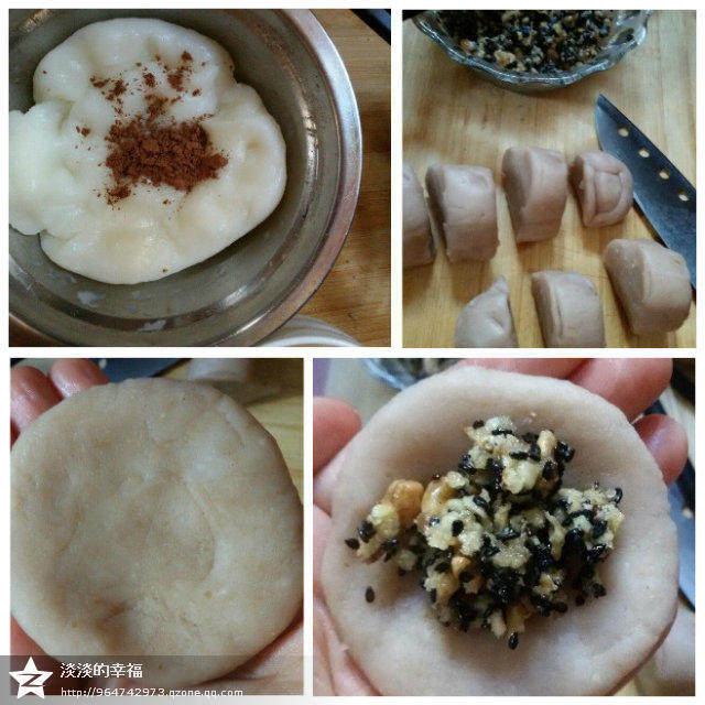 水晶核桃,将揉好的面团揉成长天，用刀切成小挤子。拿一小挤子压扁，包炒好的馅，包好【包法和包饺子差不多】。