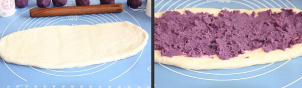 紫薯吐司 ,将松弛好的面团稍微滚圆放气，用擀面棍擀成牛舌状，铺上紫薯馅