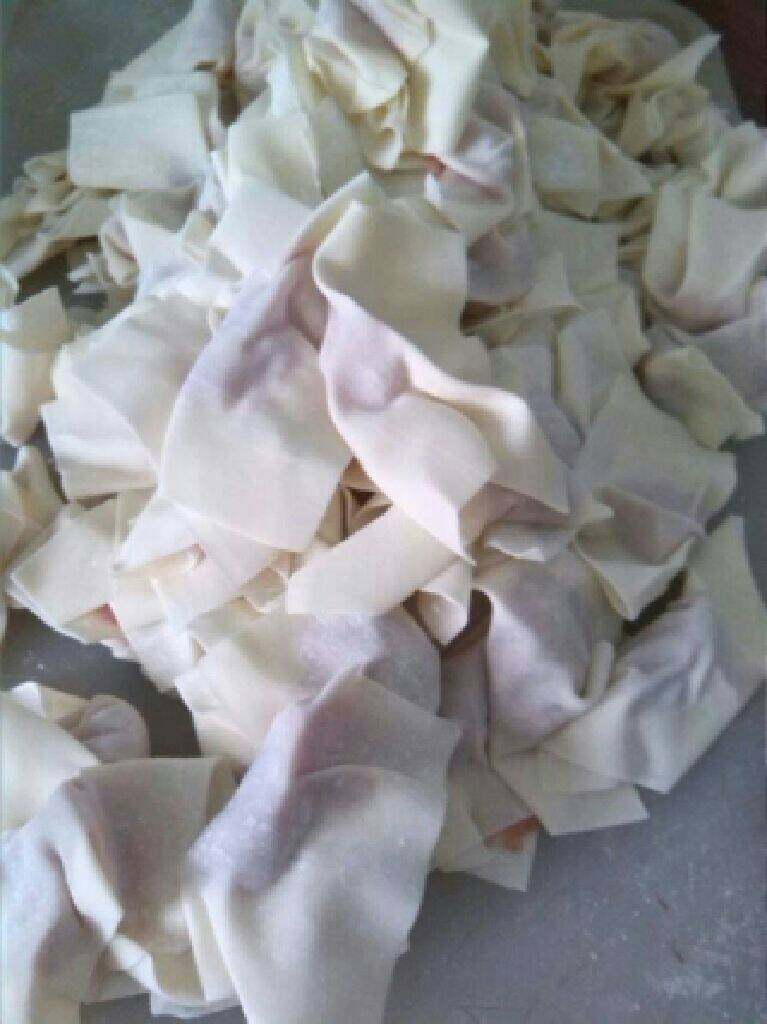 紫菜云吞,将<a style='color:red;display:inline-block;' href='/shicai/ 8033'>云吞皮</a>托在左手，右手添一勺肉馅，用手捏包起来