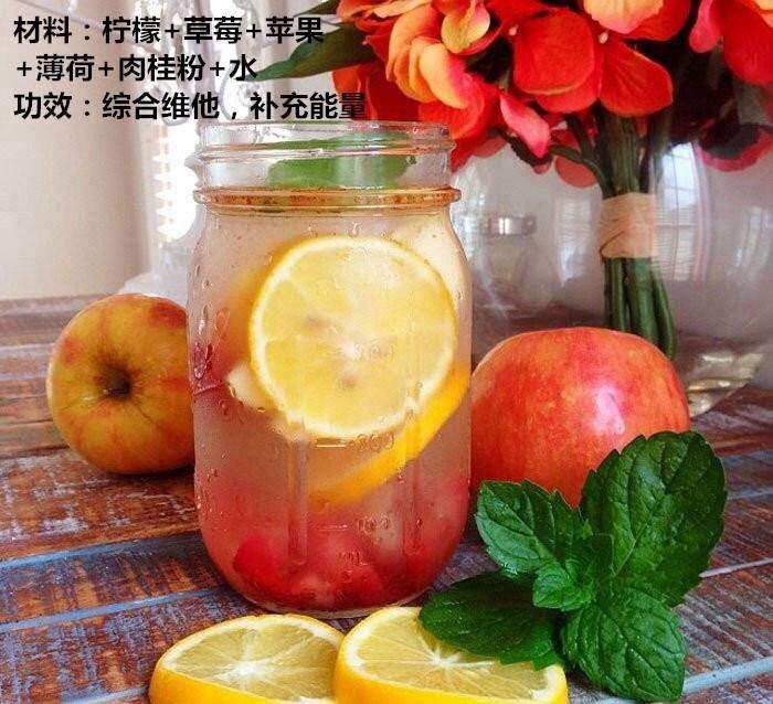 8款排毒饮品,材料:柠檬+草莓+苹果+薄荷+肉桂粉+水。功效:综合维他,补充能量。