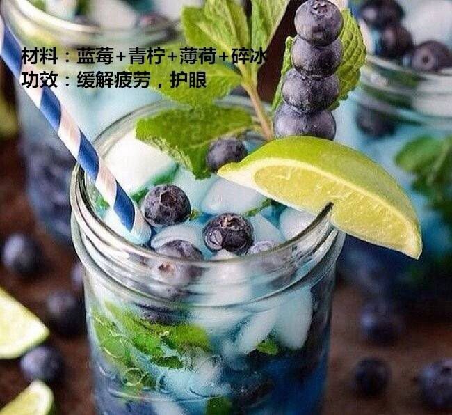 8款排毒饮品,材料:蓝莓+青柠+薄荷+碎冰。功效:缓解疲劳、护眼。