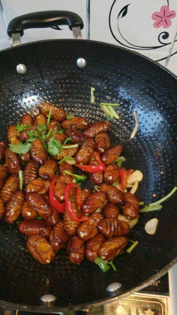 炒茧蛹,关火放入香菜，装盘