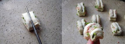 迷你香葱花卷,取两块剂子相互叠加，用一只筷子竖向按压，将按压出痕的剂子两头捏合即成花卷生胚