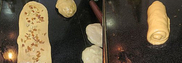 红糖核桃桂圆吐司,铺上一半的核桃粒和桂圆粒,再由上往下卷成圆柱形