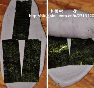 紫面包,将做长条形的面团取出一个，擀成长条片，加入三片海苔，卷起揉成长条，放入烤盘中