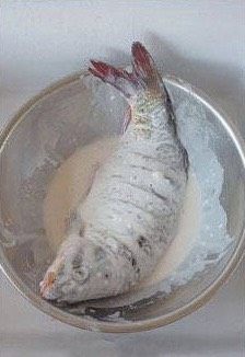 糖醋鲤鱼,提着鱼尾,将鱼通身挂上面糊
