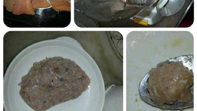 鱼丸,用刀子把鱼肉切成小段段、然后放进搅拌机内按下健开始搅拌、搅碎后的鱼肉倒在碟上、用勺子提上小点肉用手指揉圆