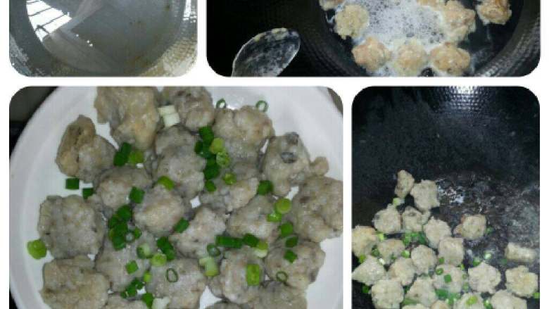 鱼丸,锅子加碗水大火烧开、放下个个鱼丸下锅、等鱼丸全浮上即可捞出装碟上淋上葱花、把锅洗干净再次烧红锅加上油倒下鱼丸翻炒、再加入1勺<a style='color:red;display:inline-block;' href='/shicai/ 788'>生抽</a>翻炒下即可盛出