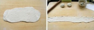 晋南油酥饼,分割成六个面团,擀成薄片拉长拉薄