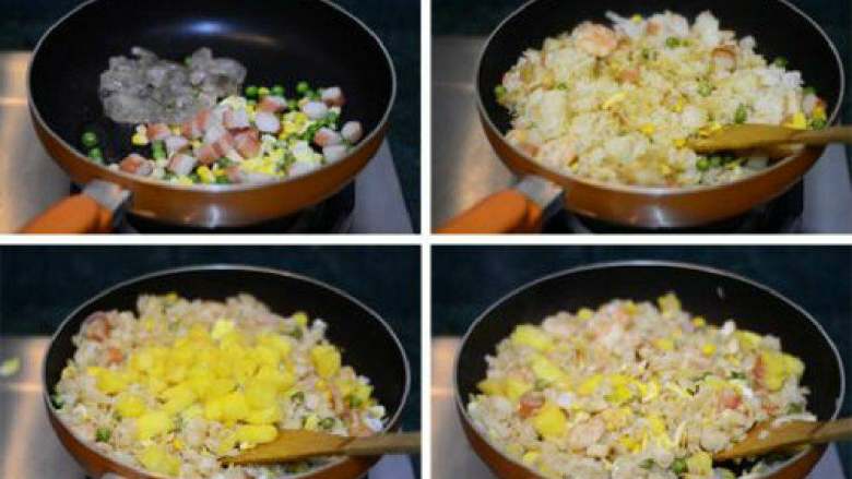 海鲜菠萝饭,关火，撒入烤香的腰果，盛出食用（腰果最后加入到表面就可以，不要在炒饭的过程中加腰果翻炒，那样吃起来就不酥脆了）