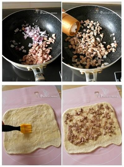 黑芝麻洋葱肉卷,肉变色后放入洋葱丁，炒至洋葱呈透明色；
根据个人口味加入少许盐和黑胡椒粉，炒匀盛出待用；
松弛好的面团压扁，擀成长方形面饼，一边擀薄，刷一层油；
将炒好的馅料铺在面饼上，适当轻压；