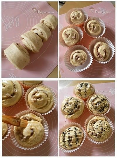 黑芝麻洋葱肉卷,顺着长而厚的一边将面饼卷起，包入内馅，切成5cm左右的段；
切好的面包坯放入纸膜，放置温暖湿润处进行最后发酵；
面包涨至8分满时，在面团表面均匀地刷一层蛋液；
挤上适量<a style='color:red;display:inline-block;' href='/shicai/ 4856'>沙拉酱</a>，再撒少许的<a style='color:red;display:inline-block;' href='/shicai/ 668'>黑芝麻</a>装饰，放入180度预热好的烤箱，中层，上下火，烤25分钟左右即可