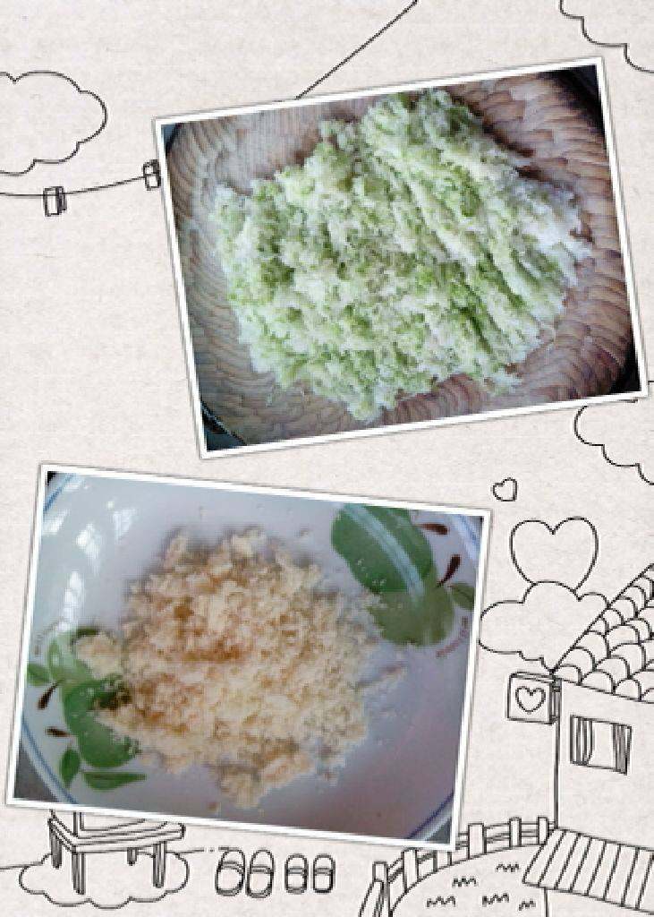 萝卜圆子,萝卜丝挤干水分,馒头掰碎(用馒头末是为了圆子的口感更好)