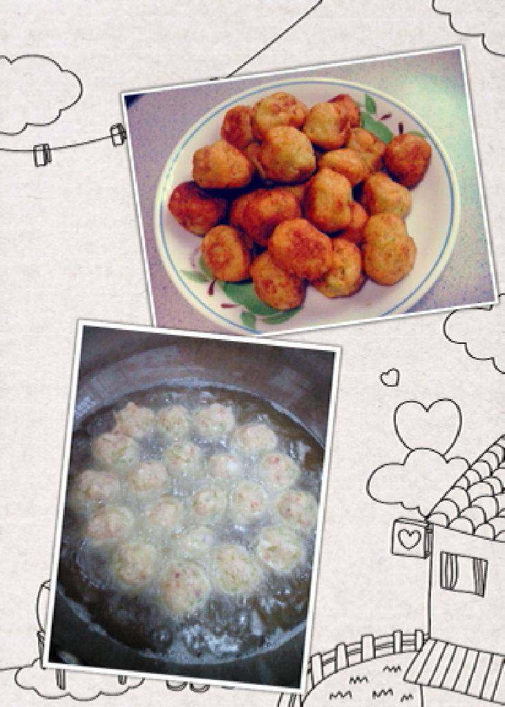 萝卜圆子,油锅加热,把馅做成圆子炸至金黄即可。