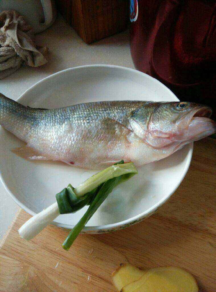 清蒸鲈鱼,鱼洗净，葱姜塞进鱼肚子，鱼身两面擦点盐和橄榄油
