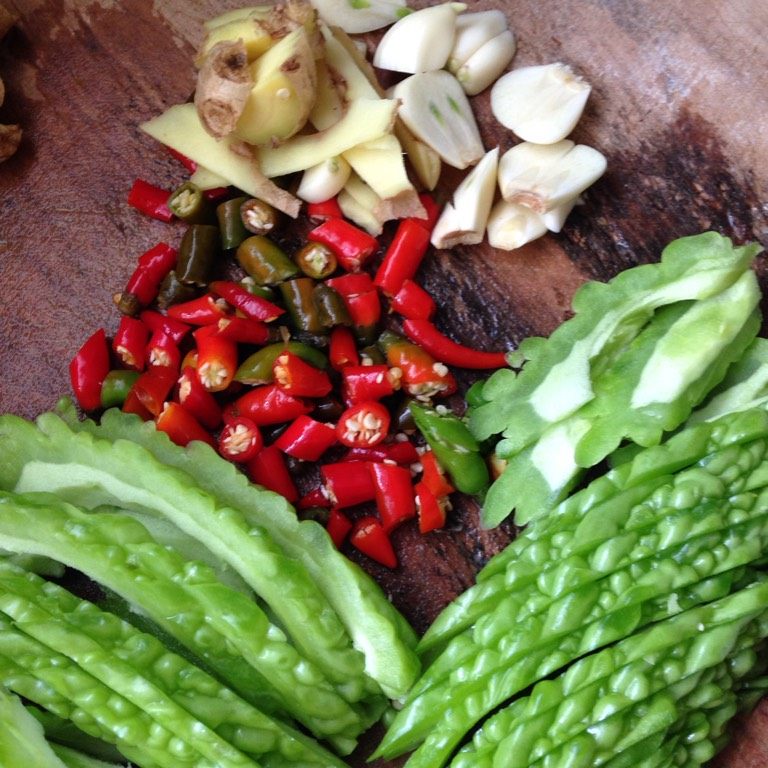 苦瓜炒鸭肉,<a style='color:red;display:inline-block;' href='/shicai/ 320'>鸭肉</a>切小块，<a style='color:red;display:inline-block;' href='/shicai/ 2800'>生姜</a>、<a style='color:red;display:inline-block;' href='/shicai/ 2794'>大蒜</a>切块，<a style='color:red;display:inline-block;' href='/shicai/ 55'>苦瓜</a>切片，朝天辣椒切碎备用
