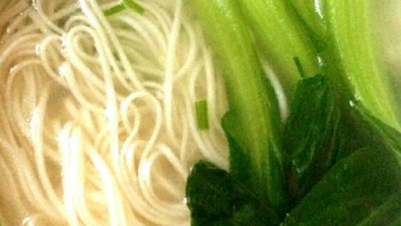 青菜面,面捞到碗里之前，碗里用热汤把材料都搅拌均匀，就可以拌面了，青菜码放好，开动