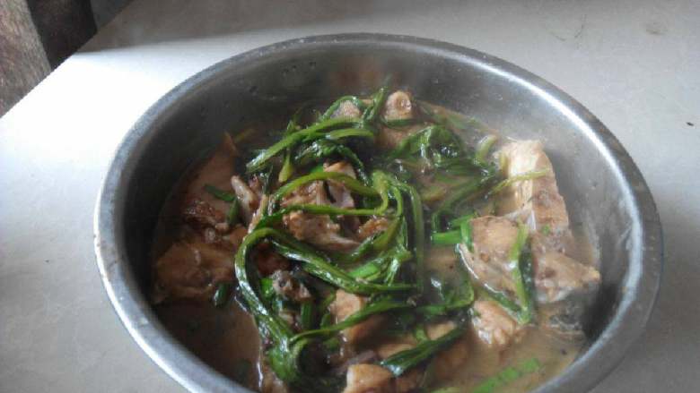 油麦菜煨鲢鱼,大火煮开小火炖至水剩余三分之一时(其间翻动下)放入油麦菜翻动下,再放入蒜苗即可