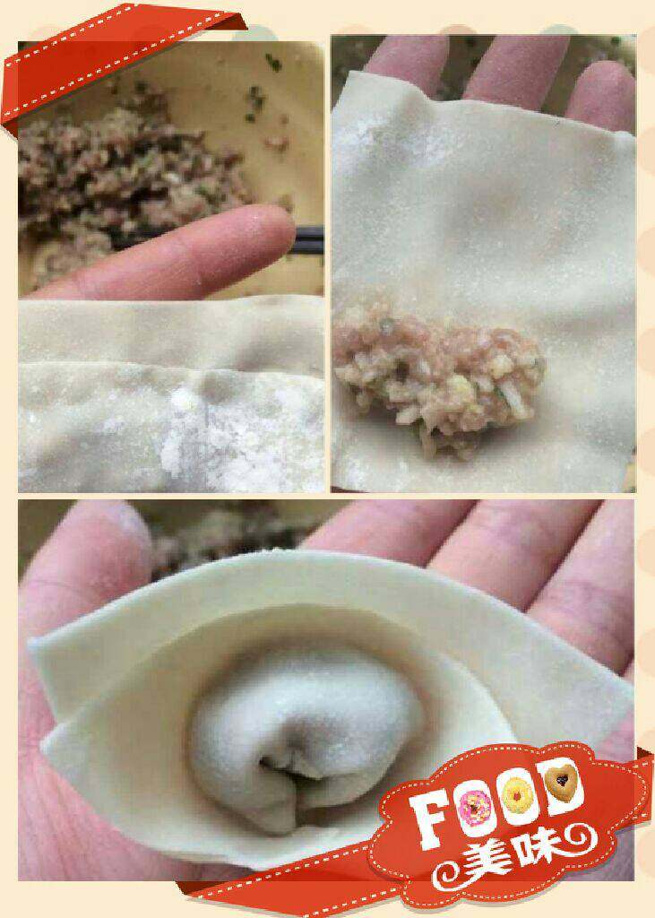 鲜美混沌汤,开始包混沌,放入肉末,从下由上对折,留一点小边,拉起两个角用力拉紧。