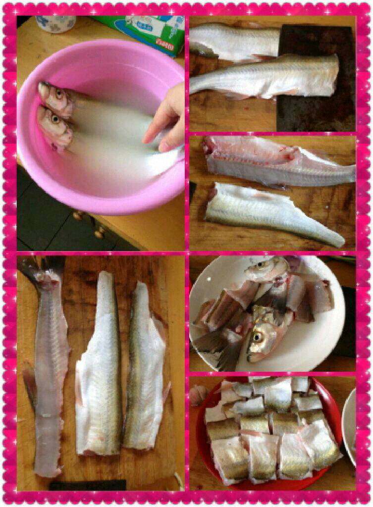 香煎嫩豆腐刁子鱼,把鱼放进淘米水里泡一下洗干净,在把鱼头剁下来,把鱼切成片。