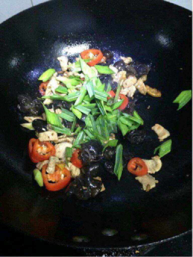 木耳炒肉,在放入<a style='color:red;display:inline-block;' href='/shicai/ 86663'>红辣椒</a>和蒜苗。