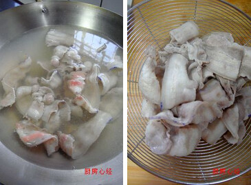 猪肉涮肉片,利用上面的水,大火烧开后,关火放入肉片,焯至变色捞出不过凉水沥干备用