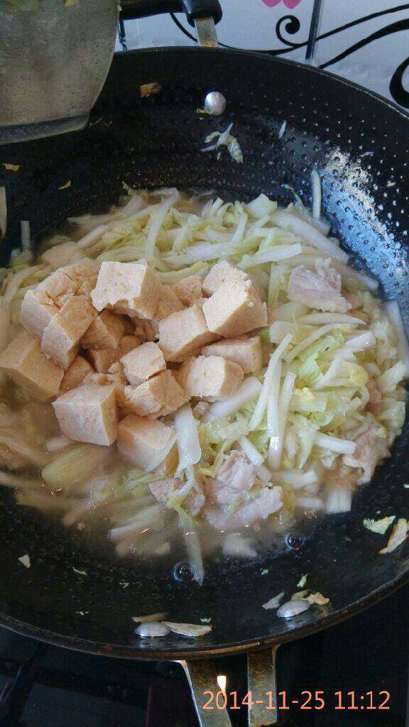 五花肉白菜炖冻豆腐,加入<a style='color:red;display:inline-block;' href='/shicai/ 469'>冻豆腐</a>和水,开始炖,大火烧开,加盐,改小火炖十五分钟就好了
