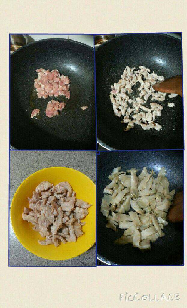 榨菜炒肉片,锅里放油下肉片炒三分熟起锅，原锅加进榨菜片翻炒。