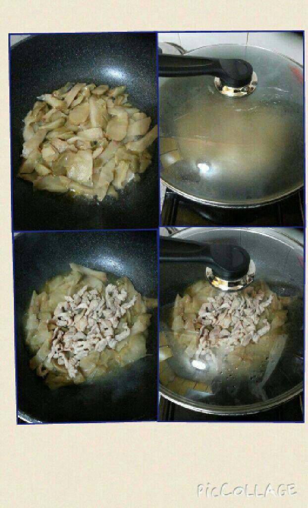 榨菜炒肉片,加入少许水盖上锅盖焖一下，加进肉片再焖五分钟。