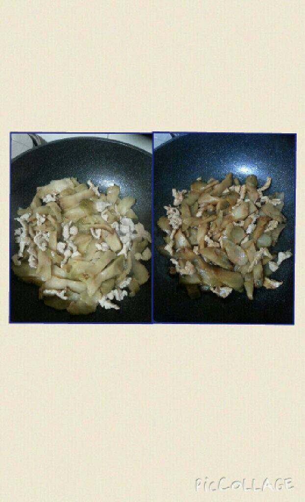 榨菜炒肉片,加入少许调味粉,醤油翻炒一下就可以起锅。