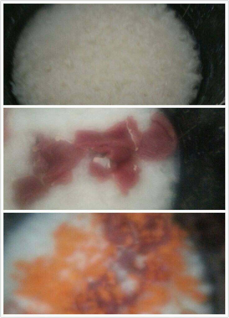 红萝卜瘦肉粥,用电饭煲至粥差不多水稍微干、放下瘦肉与萝卜、搅均匀继续煲至按健跳上即可盛出。