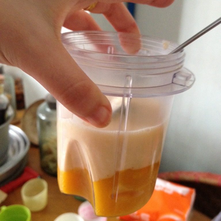 鲜芒果慕斯蛋糕,后加入<a style='color:red;display:inline-block;' href='/shicai/ 62159'>芝士片</a> 融化以及加入60g白糖和45g 芒果肉 后放入搅拌器搅拌成酱