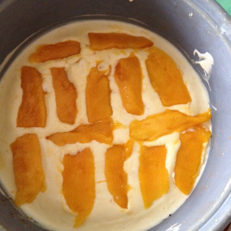 鲜芒果慕斯蛋糕,在表面加入芒果片 再冻一个小时