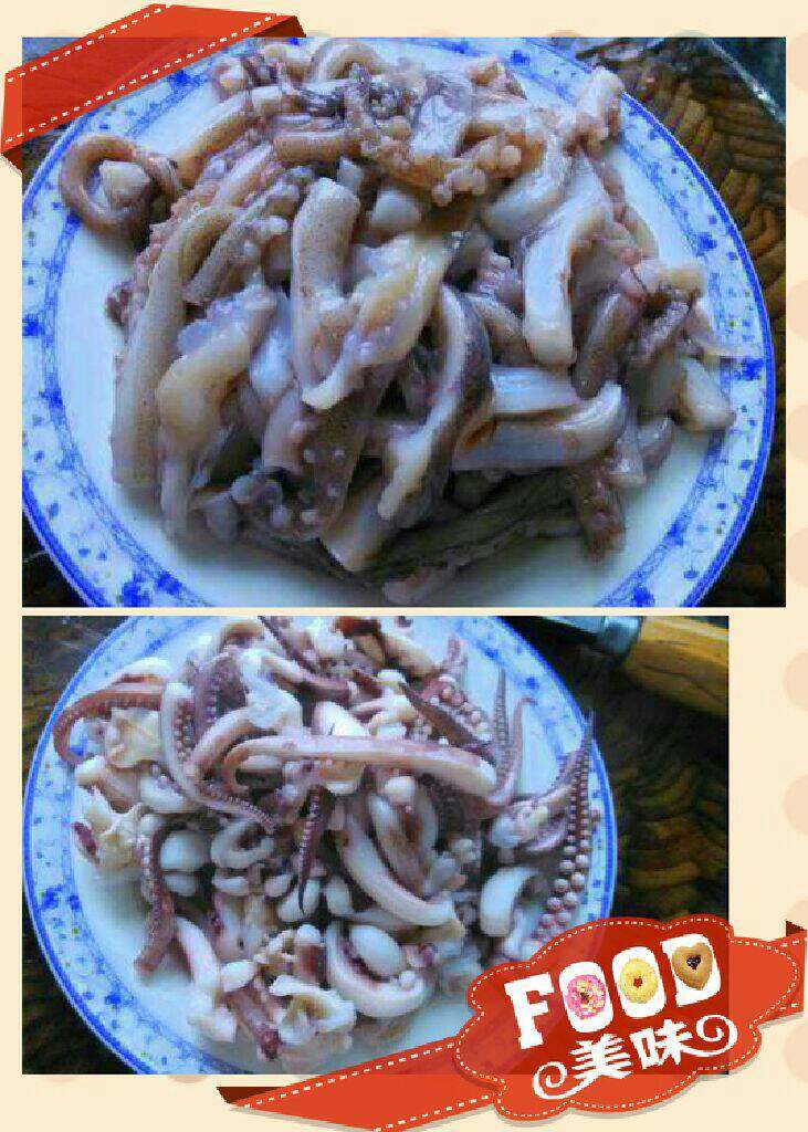 香辣鱿鱼丝,切丝,开水烫煮去血腥味捞起
