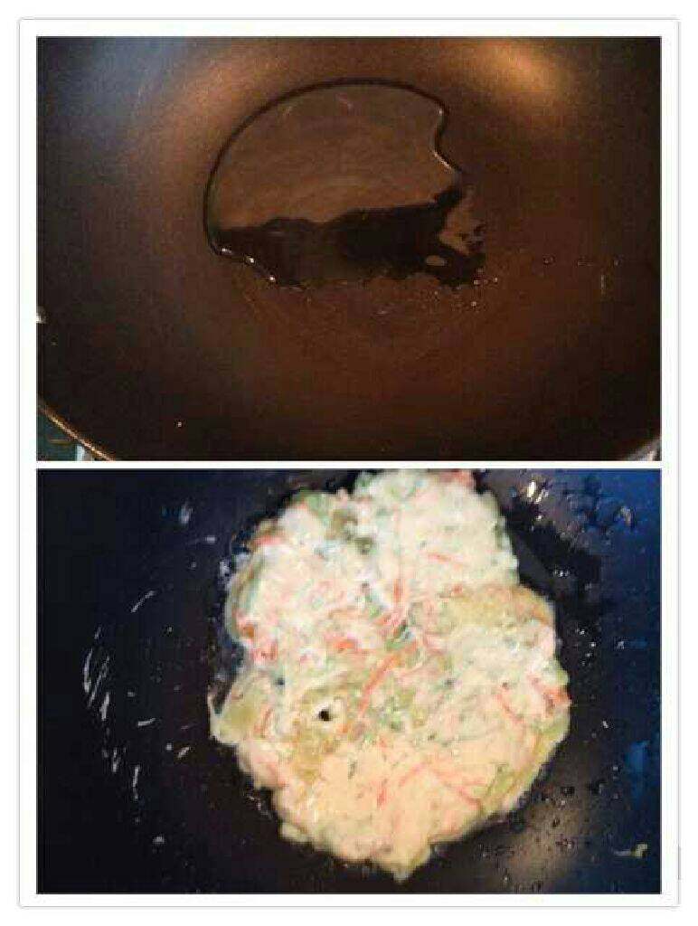 鸡蛋饼拼盘,锅中热油,倒入糊状,煎好一面再煎另一面,成金黄色盛起