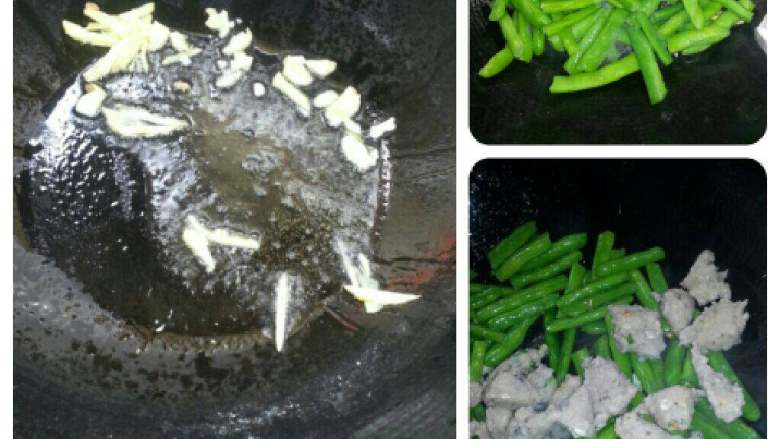 鱼滑烧豆角,锅子烧红加油加入蒜、放入豆角、再倒下鱼滑加些盐翻炒几分钟即可盛出。