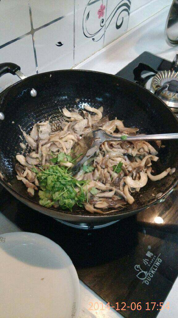 鲜蘑炒五花肉,关火加入香菜,翻炒均匀就好了