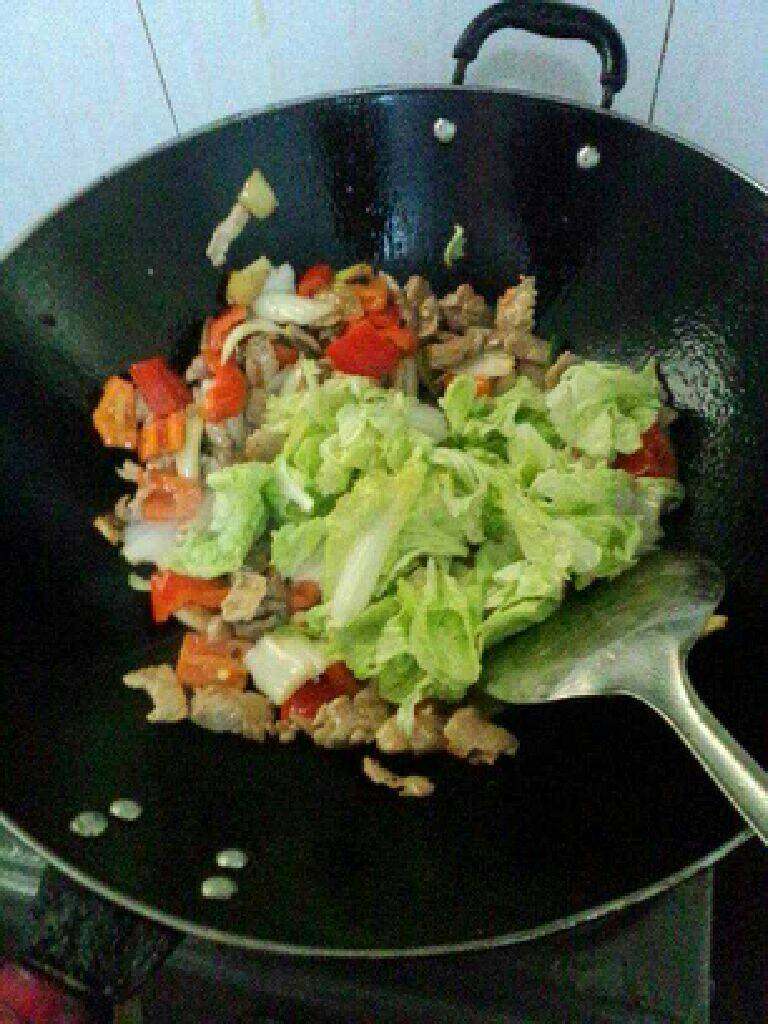 小白菜炒肉,再放入白菜叶