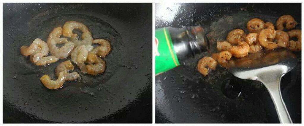 冬瓜烧虾仁,用炒过冬瓜的余油炒虾,虾炒至金黄色后倒入几滴耗油继续翻炒。