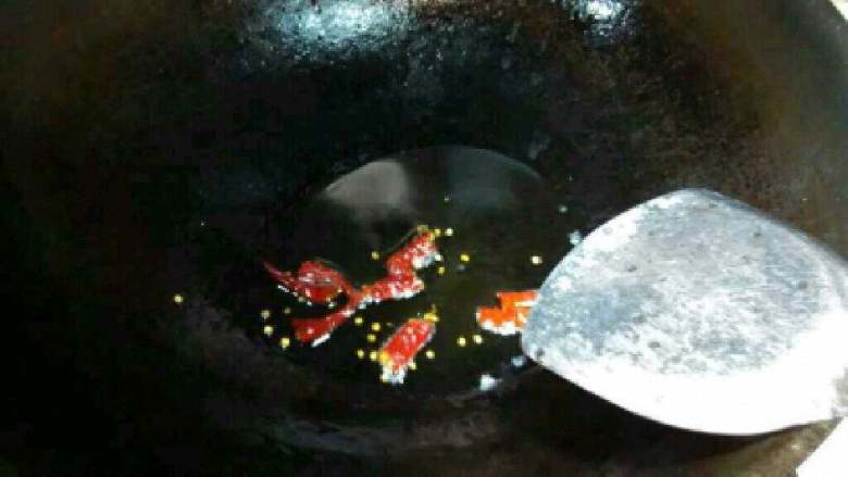 自制【红烧羊肉】,锅里放适量油把干辣椒放进去炒。