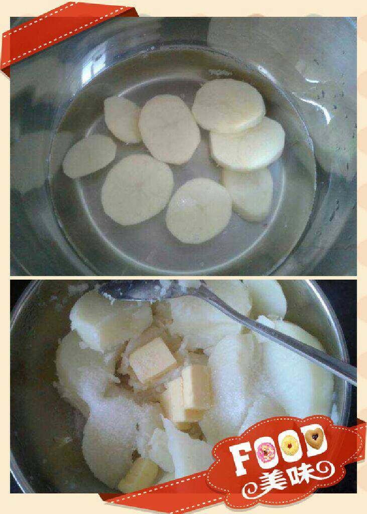 可以吃的圣诞树,<a style='color:red;display:inline-block;' href='/shicai/ 23'>土豆</a>切片煮熟，加<a style='color:red;display:inline-block;' href='/shicai/ 887'>黄油</a>，胡椒粉压成泥。