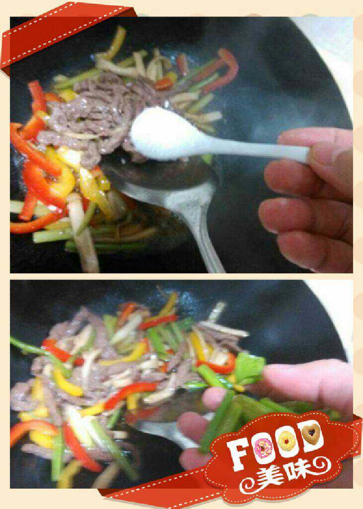 西芹杏鲍菇炒牛肉,再倒炒好的牛肉,加点盐,起锅放入葱段