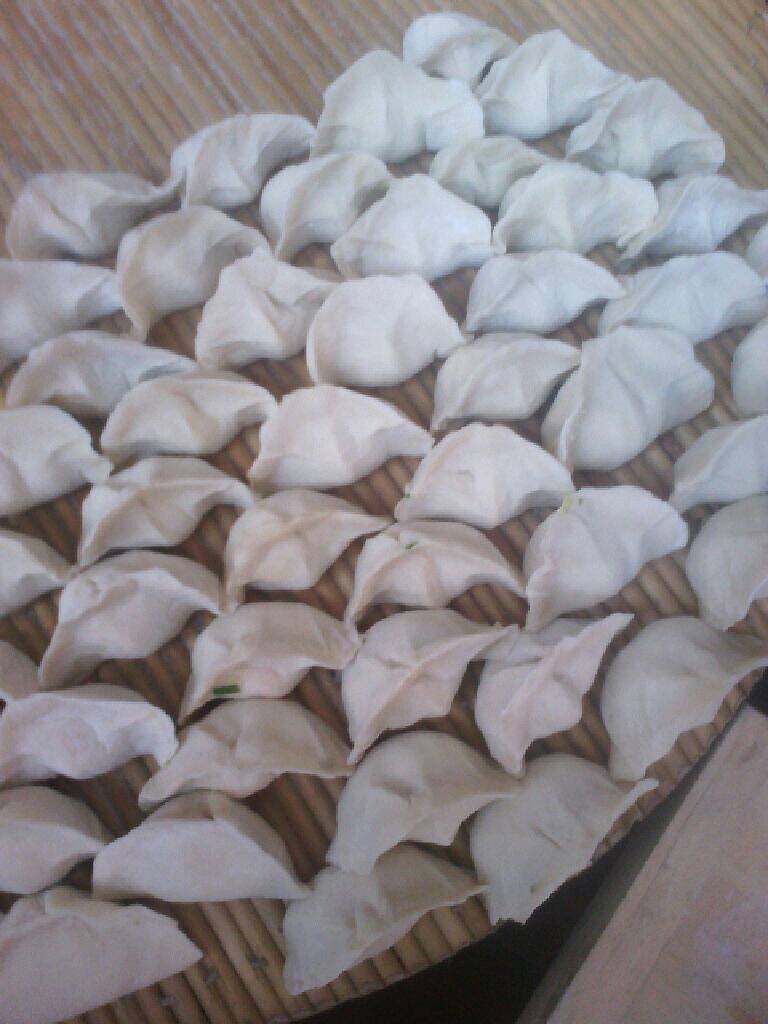 猪肉韭菜水饺,用饺子皮包好就可以了