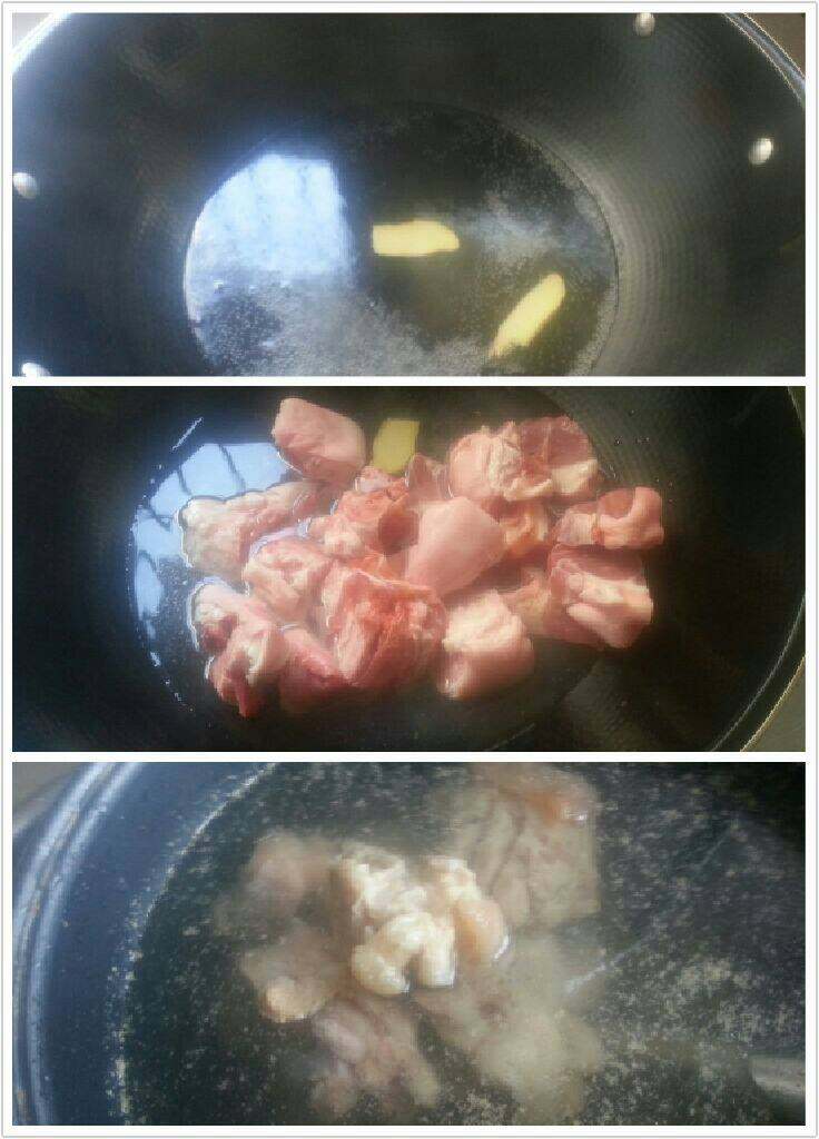 花生焖猪蹄,锅中加适量水放入2片姜煮开、加入猪蹄焯过水后捞出倒在清水浸泡几个字后洗干净捞出沥干水备用。