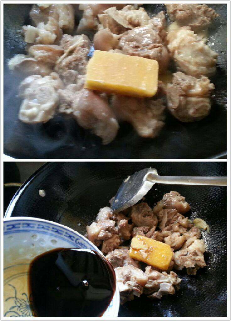 花生焖猪蹄,再加入半砖黄糖与老抽2勺。