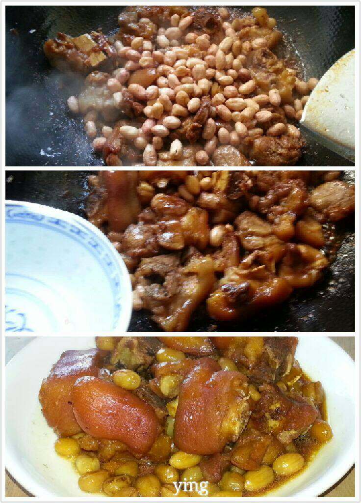 花生焖猪蹄,翻炒至猪蹄占上色、再次加入花生下锅翻下、最后加入1碗温水煮开转中火加盖焖至1个钟即可出锅、盛出。