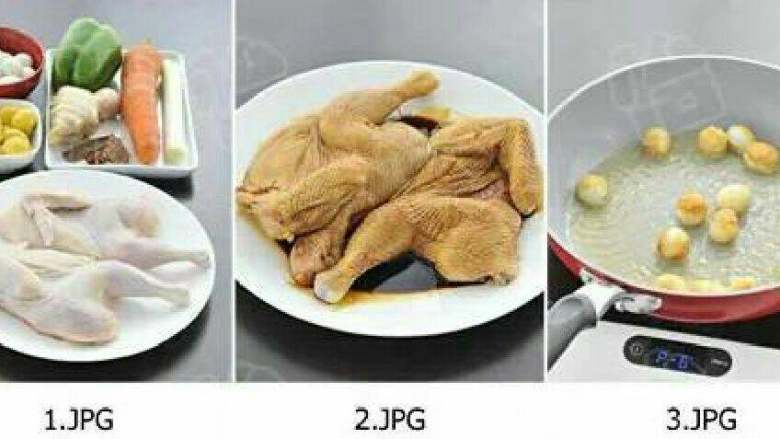 【栗子扒全鸡】,1)仔鸡去尾去脚丫,对半切开后去除内脏洗净沥干。放入盘中,然后倒入50ml老抽正反两面涂抹均匀,腌制10分钟以上。