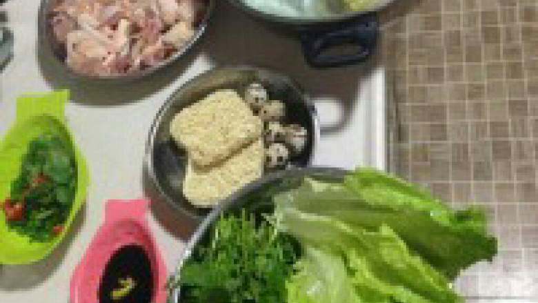 自制【广式火锅】,准备好所有食材：鸡切小块、鲜 <a style='color:red;display:inline-block;' href='/shicai/ 300'>虾</a>洗干净、各种杂丸、<a style='color:red;display:inline-block;' href='/shicai/ 3517'>青菜</a>叶洗干 净装入盘中，备用。