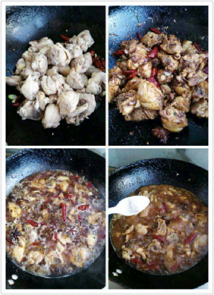 自制【大盘鸡】,把焯好水的鸡肉放进去翻炒片刻在加入<a style='color:red;display:inline-block;' href='/shicai/ 762'>老抽</a>上色,加适量水闷煮几分钟,等汤汁快干时加入适量盐翻炒一下。