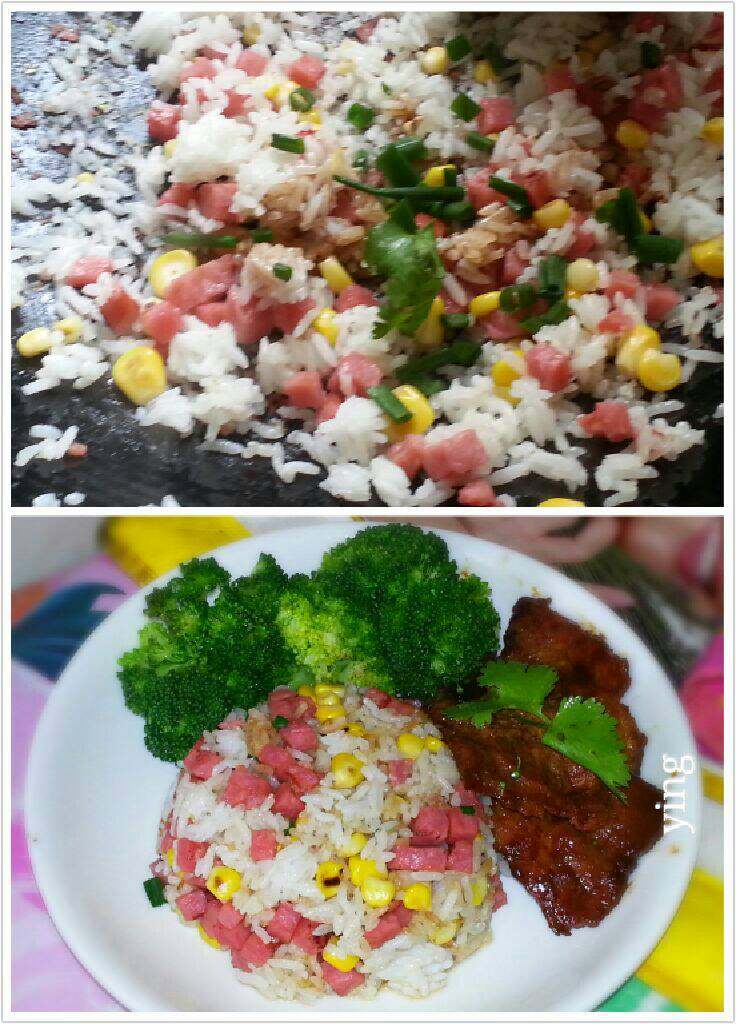 家庭版_意式杂炒牛肉饭,翻均匀后、最后加入酱油1少勺与<a style='color:red;display:inline-block;' href='/shicai/ 3250'>葱</a>花搅拌即可盛在碗中。将碗倒放平碟中、放上西兰花与牛肉片装饰。